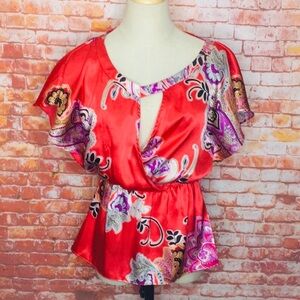 Heart Soul Red Asian Inspired Peplum Hem Floral Paisley Cutout Satin Blouse